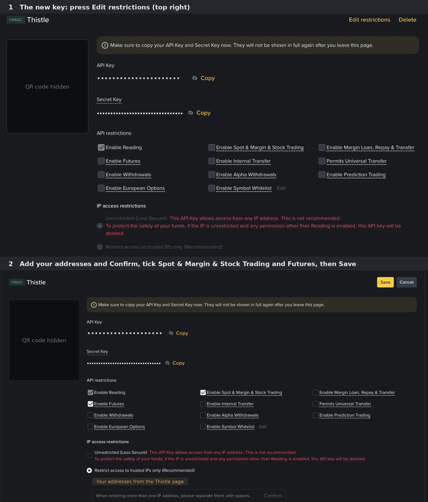 The screen where a key is created at Binance, with the boxes to tick