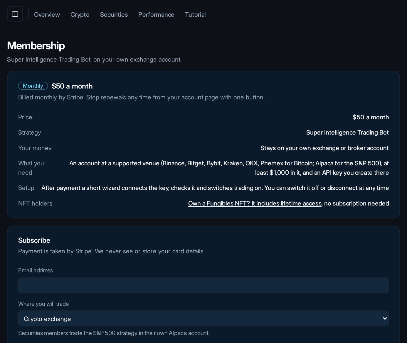 The Membership page: the monthly route and the lifetime route, side by side.