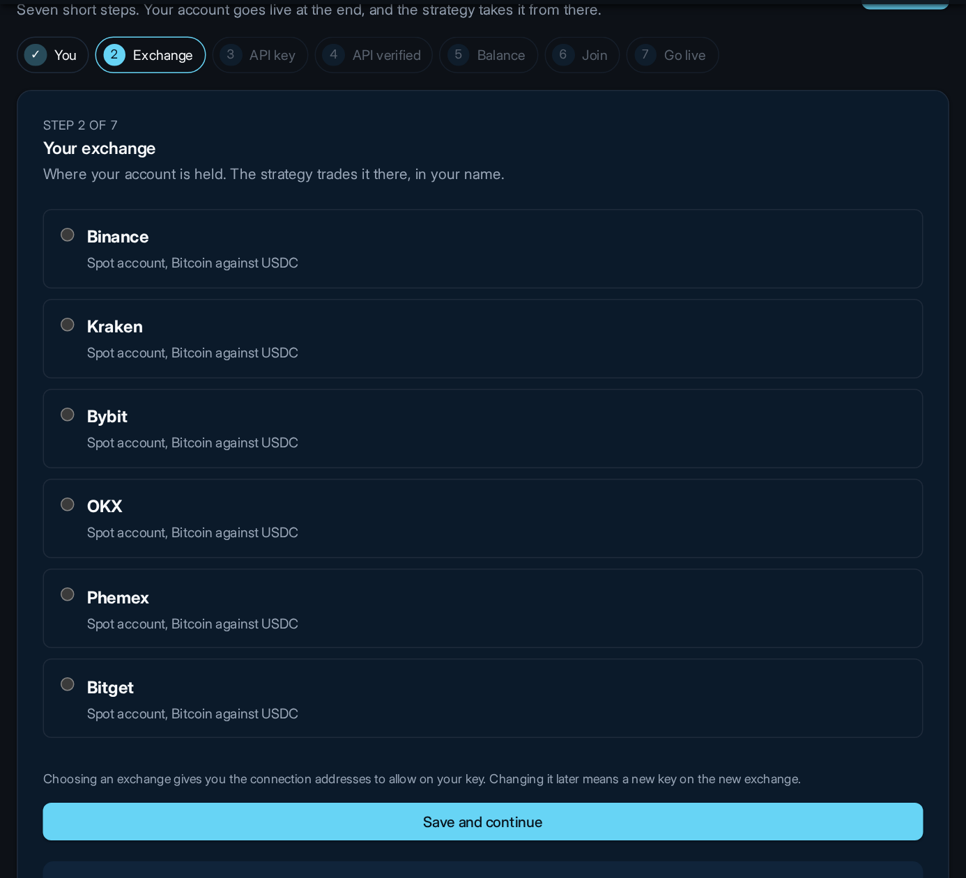 Step 2 of the wizard: choose your exchange, or open an account at one first.